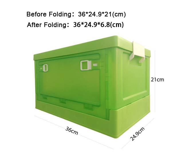Foldable green storage box with dimensions 36*24.9*21cm before folding and 36*24.9*6.8cm after folding