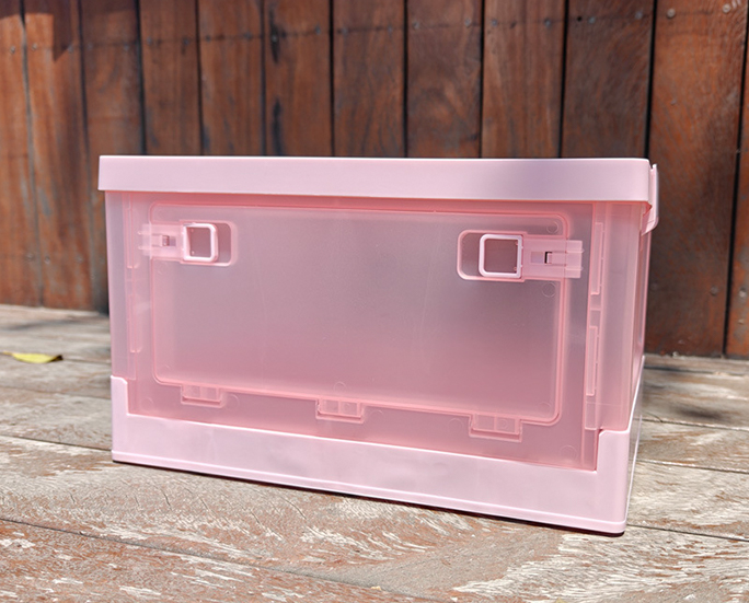 Backyard photo of pink translucent storage box with front door closed
