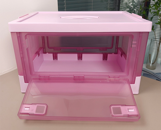 Pink foldable crate with wide front opening fully extended