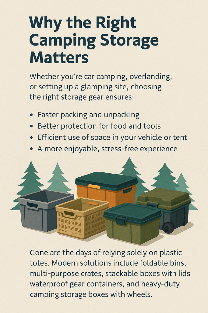 Infographic explaining why proper camping storage matters, with illustrated bins, crates, and boxes 