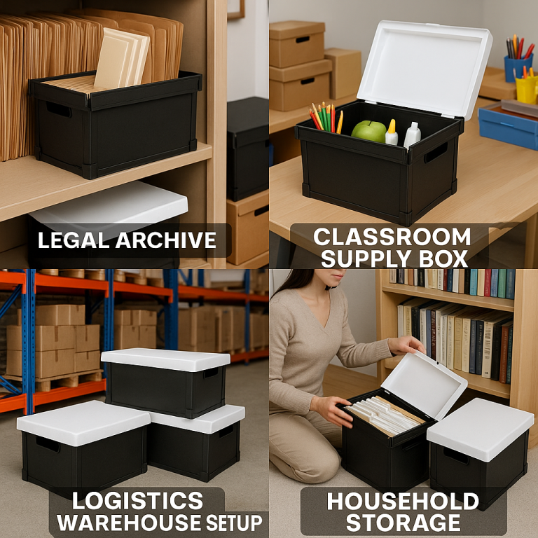Plastic file folder storage boxes with lids for home, school, and office use