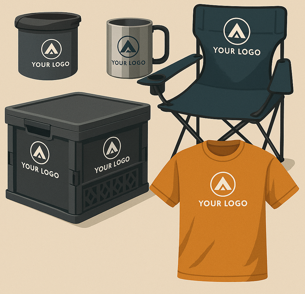Custom camping promotional products including branded storage boxes, mugs, and outdoor gear with logos in a forest setting.