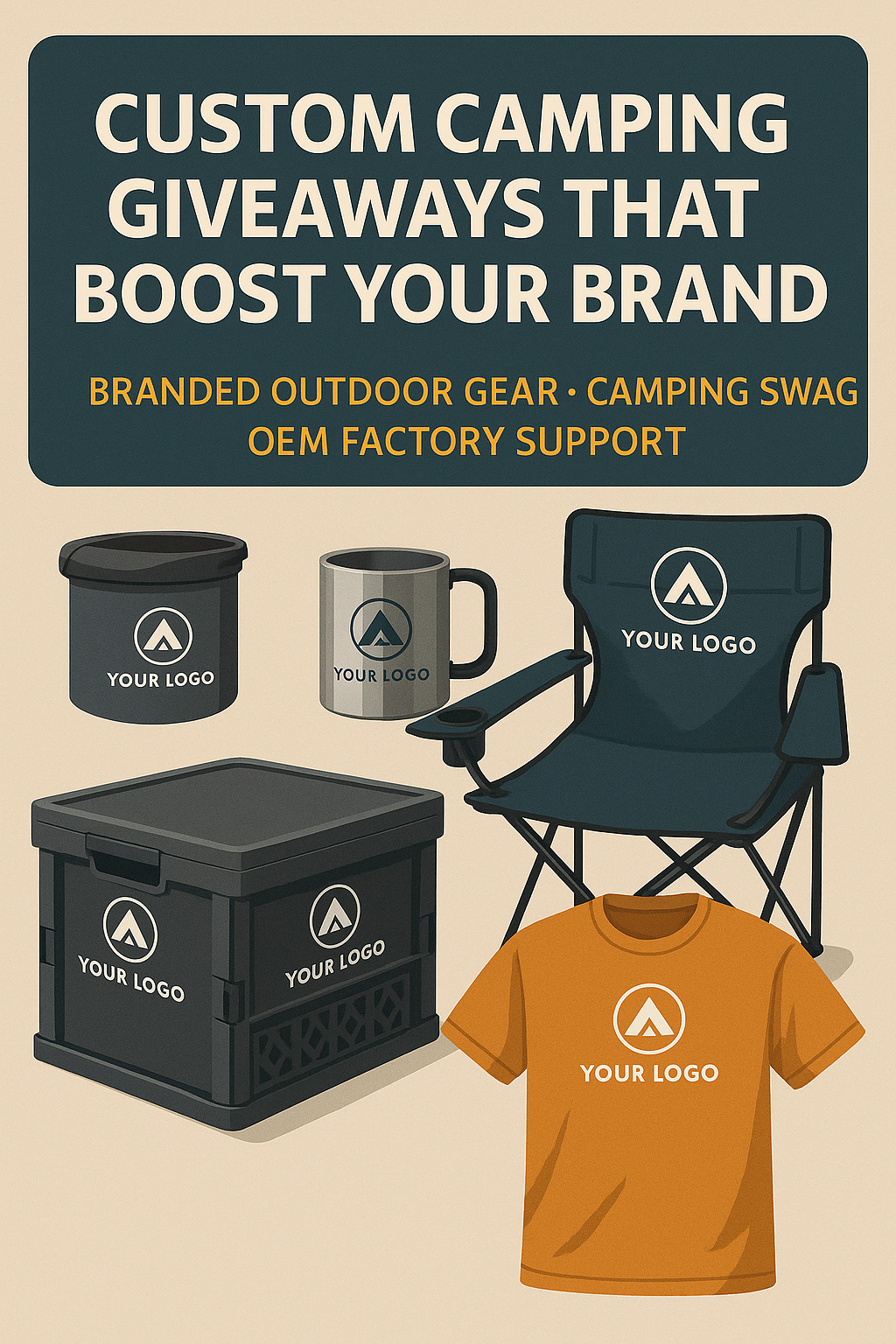 Custom camping promotional products including branded storage boxes, mugs, and outdoor gear with logos in a forest setting.