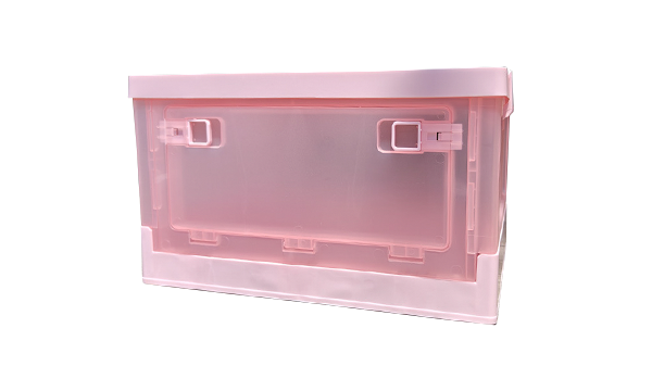 Cutout image of pink translucent folding storage box with closed front door