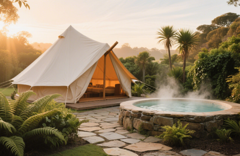 Mornington Peninsula glamping tent with hot spring view in Victoria