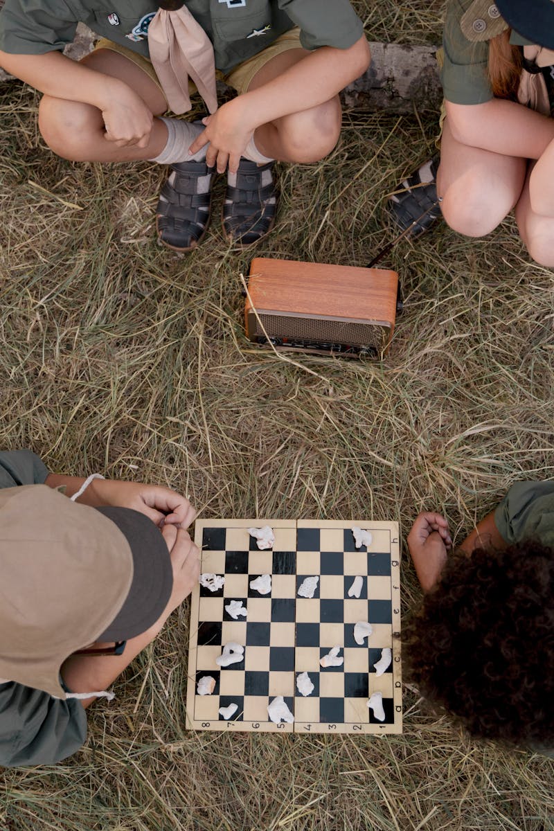 Overhead view of children playing chess surrounded by nature, capturing a fun camping moment.