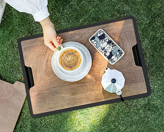 Foldable camping storage box wooden lid used as coffee table