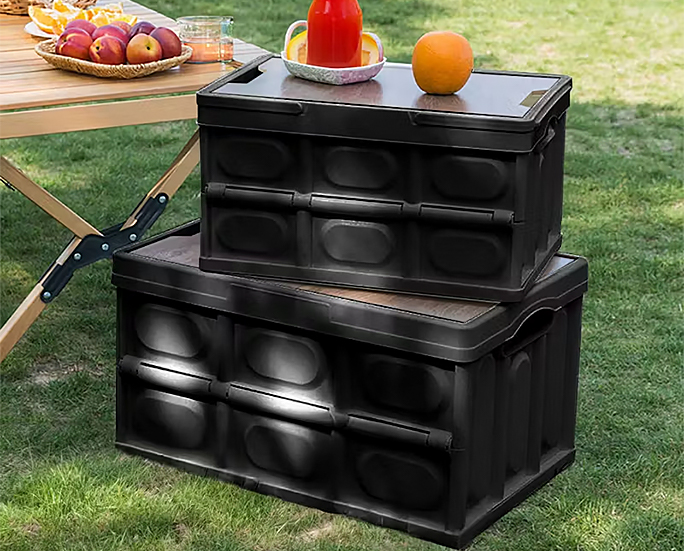 Stacked foldable camping storage boxes outdoor use